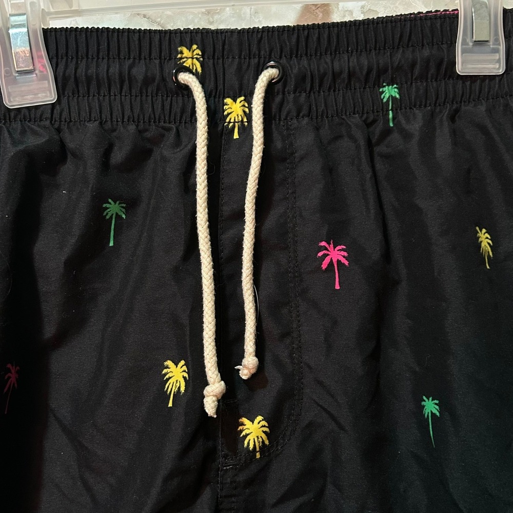 Old Navy Men's Black Palm Tree Swim Trunks Shorts Size Medium Elastic Drawstring - Picture 2 of 8